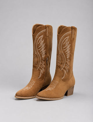 Women's western embroidered suede-feel knee-high boots with white stitching, pointed toe and block heel