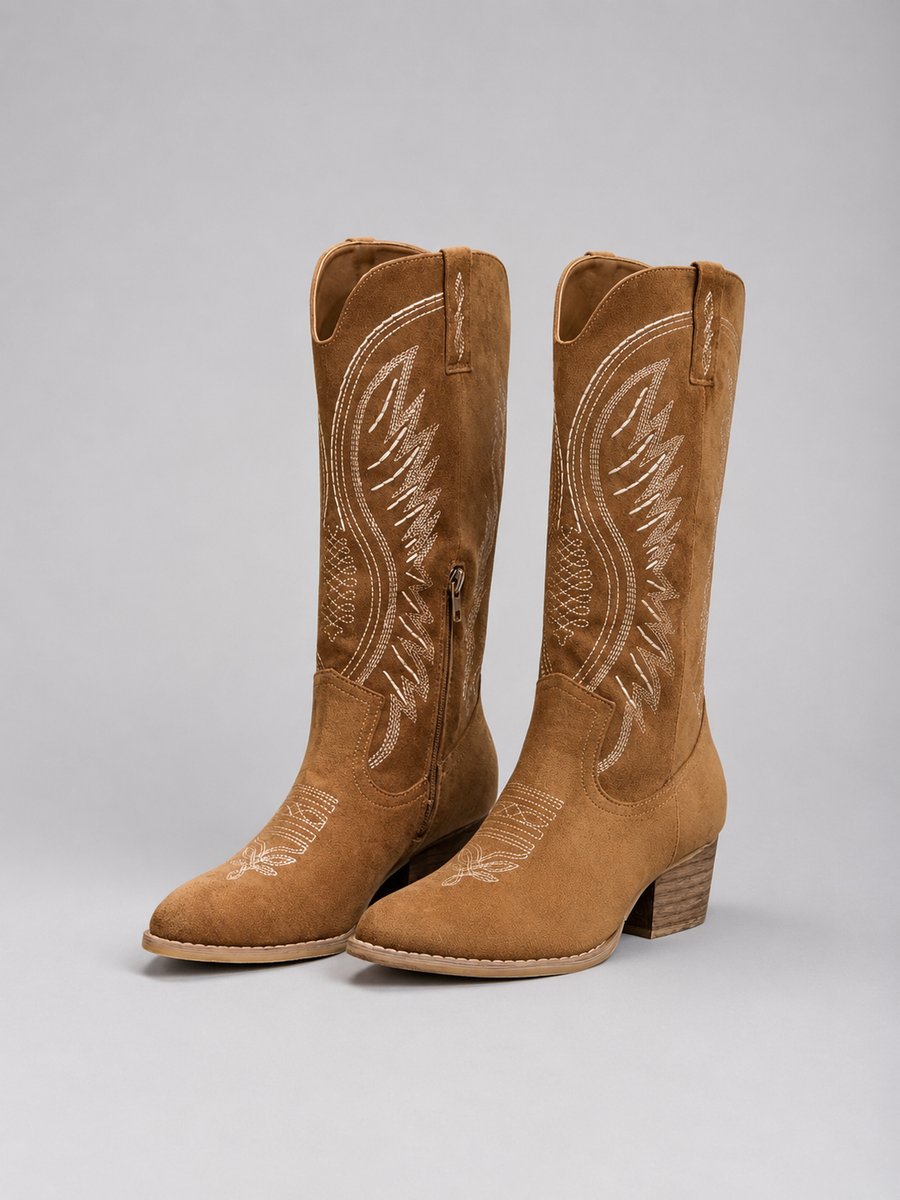 Women's western embroidered suede-feel knee-high boots with white stitching, pointed toe and block heel