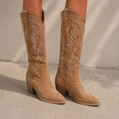 Women's western embroidered suede-feel knee-high boots with white stitching, pointed toe and block heel