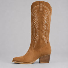 Women's western embroidered suede-feel knee-high boots with white stitching, pointed toe and block heel