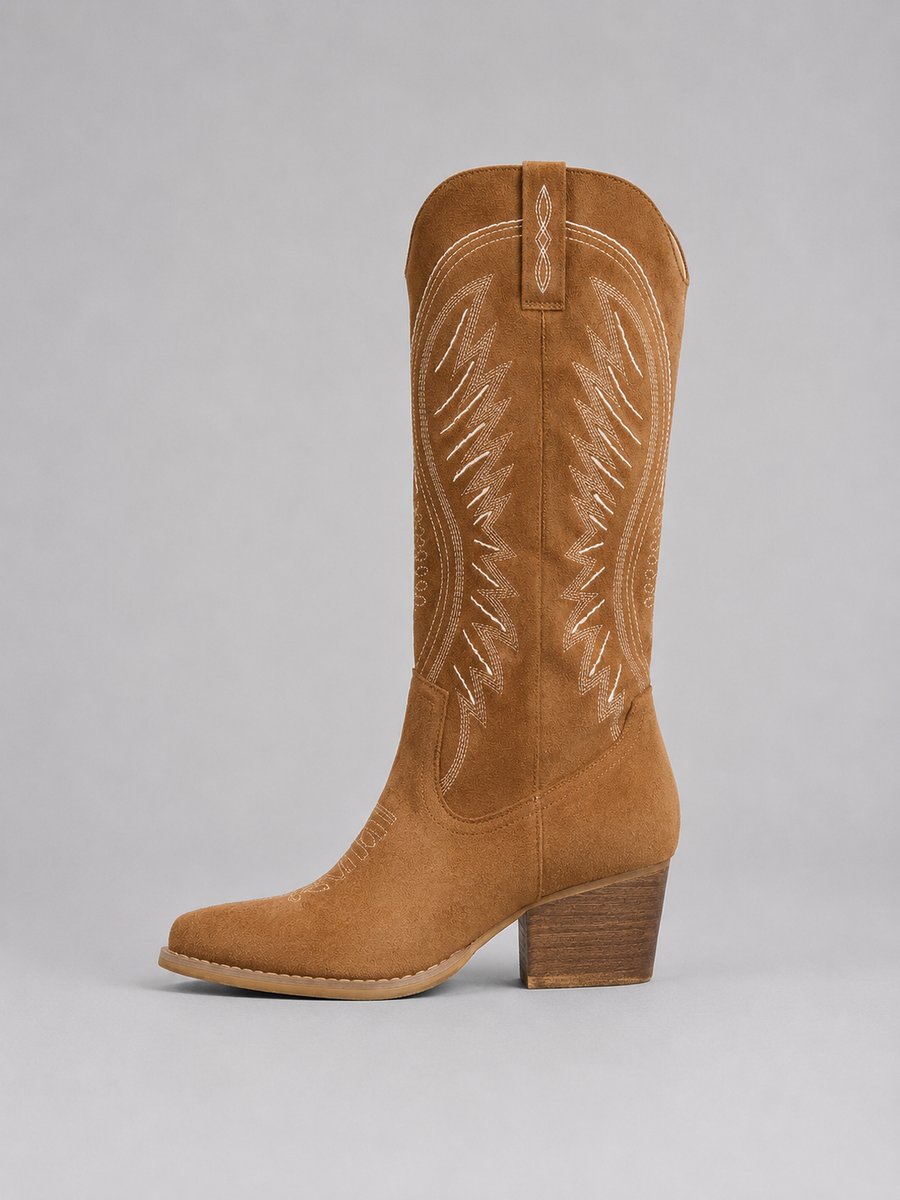 Women's western embroidered suede-feel knee-high boots with white stitching, pointed toe and block heel