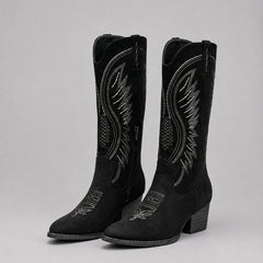Women's western embroidered suede-feel knee-high boots with white stitching, pointed toe and block heel