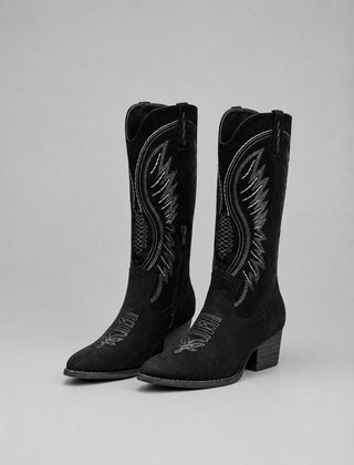 Women's western embroidered suede-feel knee-high boots with white stitching, pointed toe and block heel