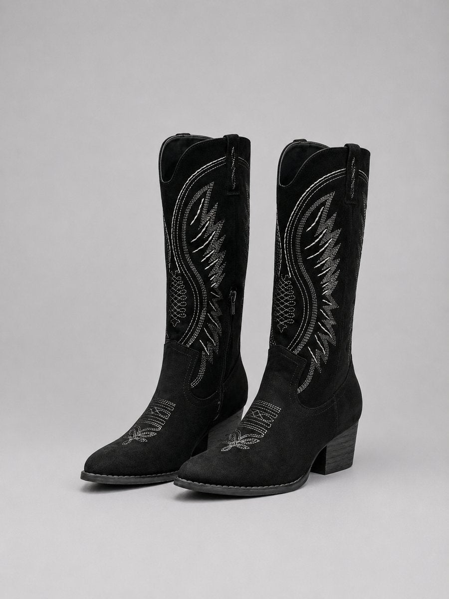 Women's western embroidered suede-feel knee-high boots with white stitching, pointed toe and block heel
