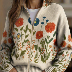Oatmeal zip cardigan with wildflower meadow print, gold zipper, ribbed collar and cuffs