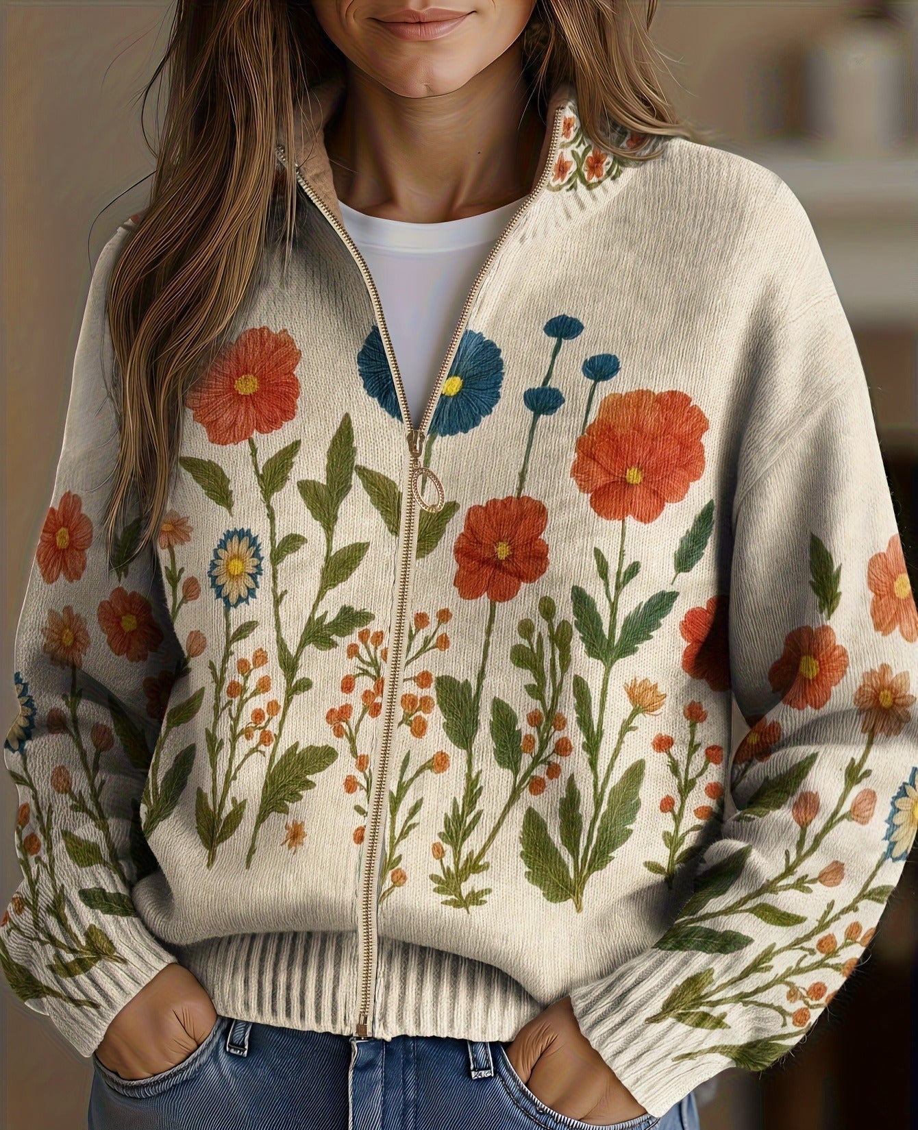 Oatmeal zip cardigan with wildflower meadow print, gold zipper, ribbed collar and cuffs
