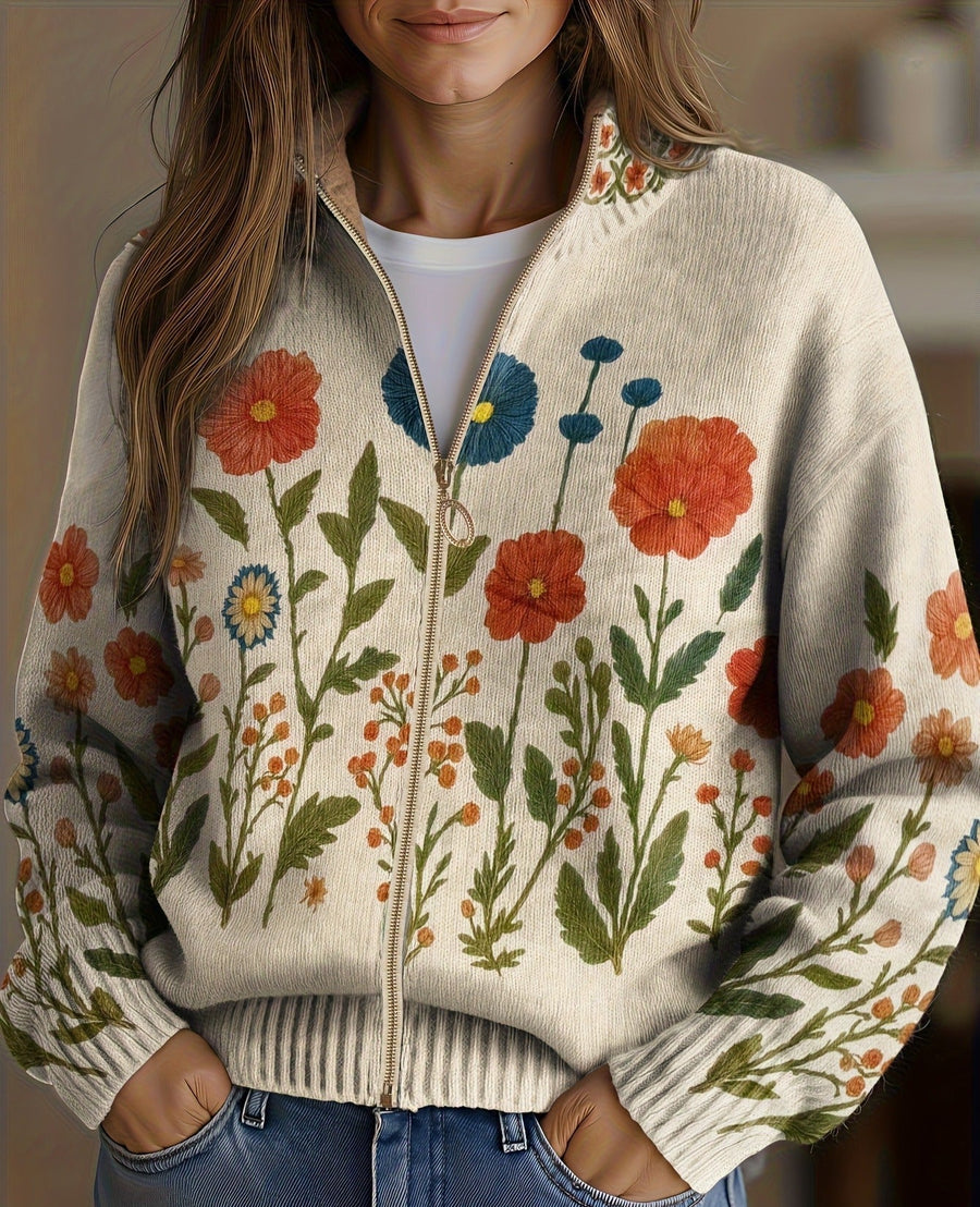 Oatmeal zip cardigan with wildflower meadow print, gold zipper, ribbed collar and cuffs