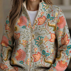 Gray zip-up cardigan with coral, turquoise and gold floral print and standing collar