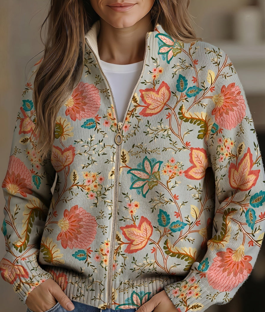 Gray zip-up cardigan with coral, turquoise and gold floral print and standing collar