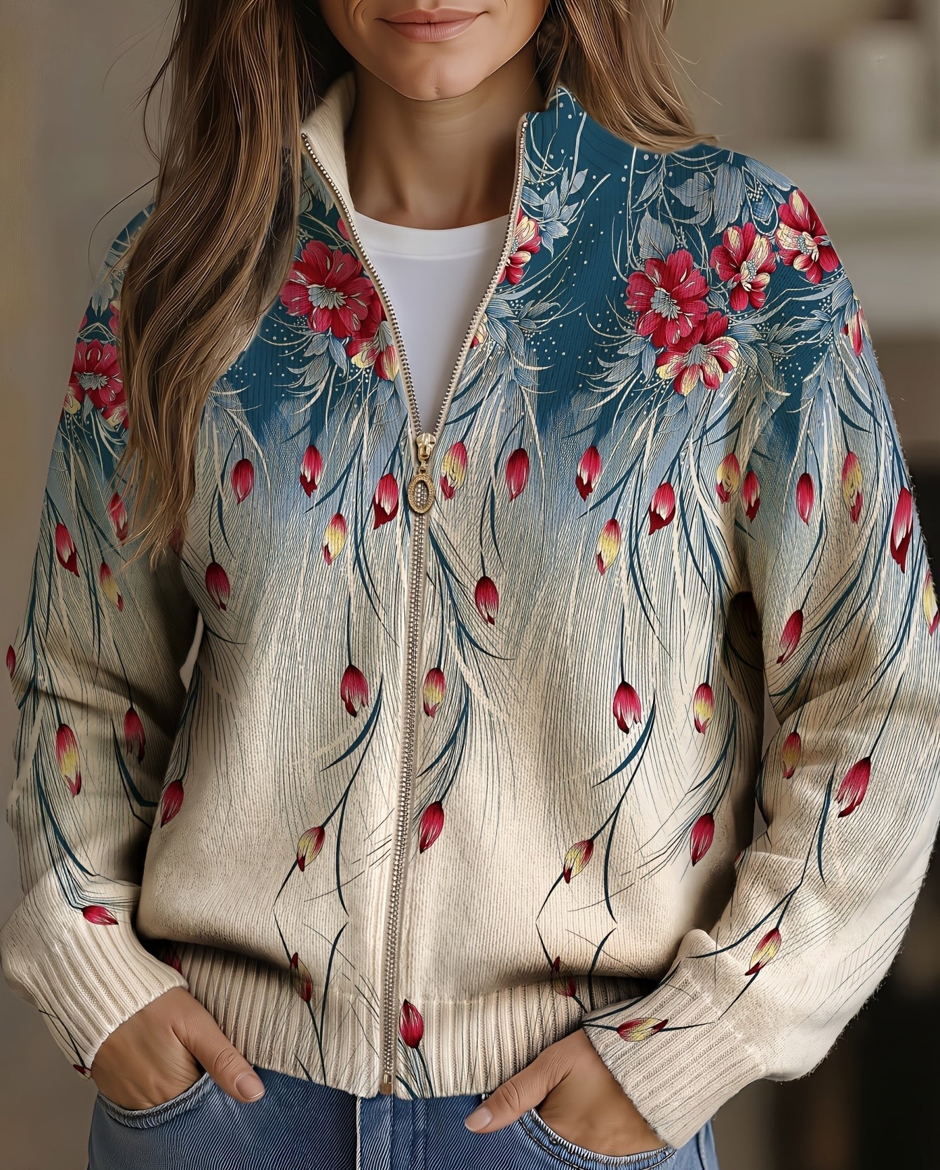 Zip-up cardigan with teal-to-cream ombre gradient and coral floral print, gold zipper and cream collar